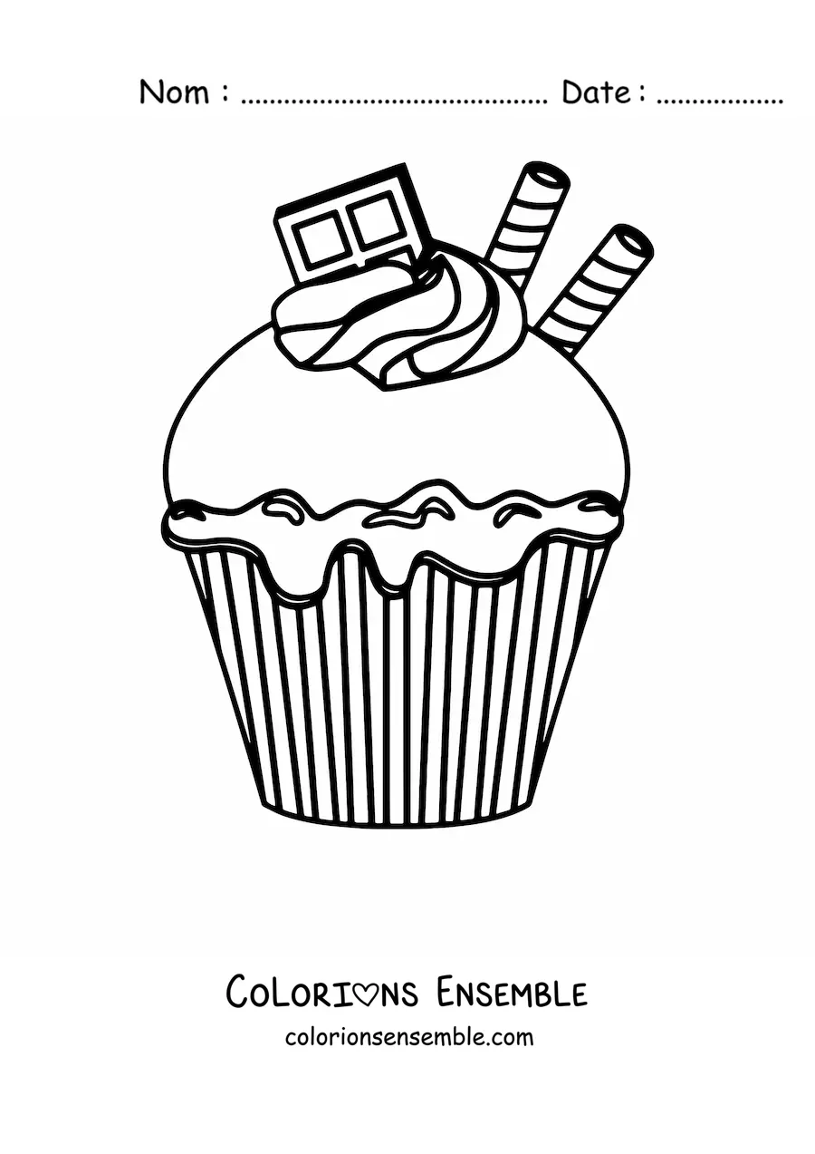 Image à colorier d'un cupcake au chocolat avec deux gaufrettes