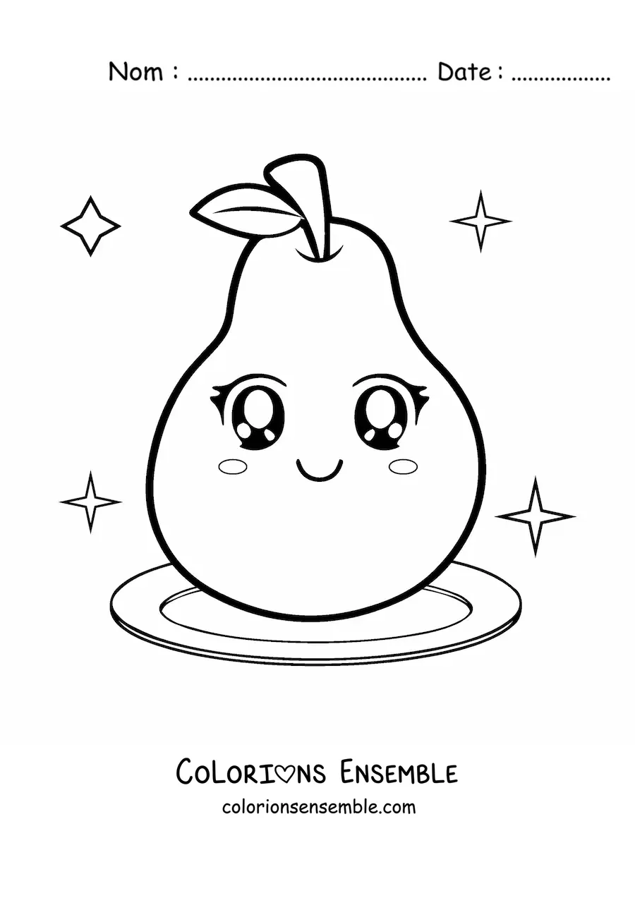 Image à colorier d’une grande poire kawaii dans une assiette