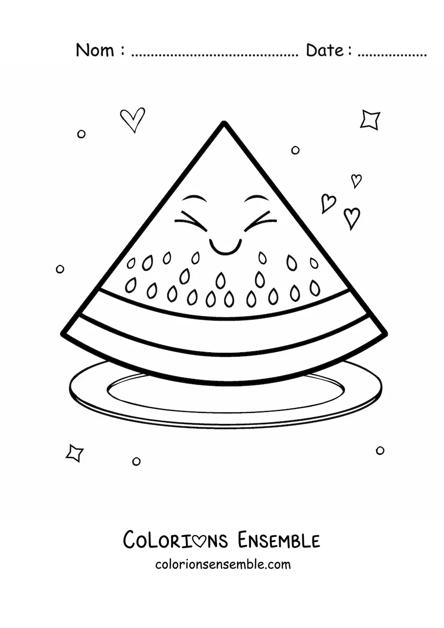 Image à colorier d’une grande tranche de pastèque kawaii dans une assiette