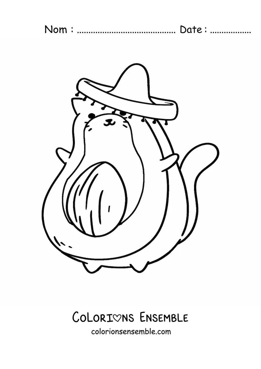 Image à colorier d'un chat avocat animé avec un sombrero