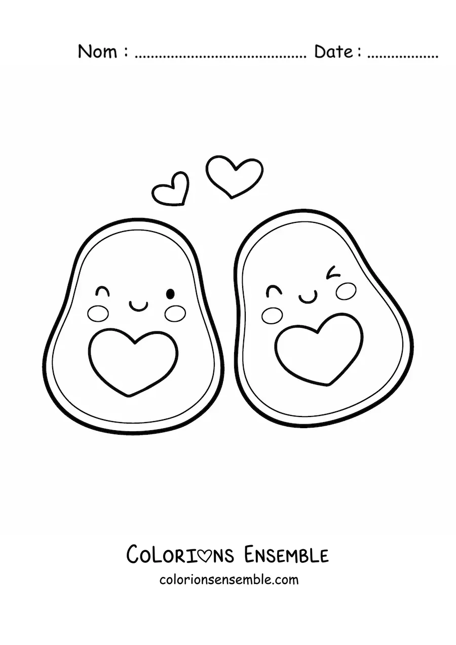 Image à colorier d'avocats amoureux kawaii