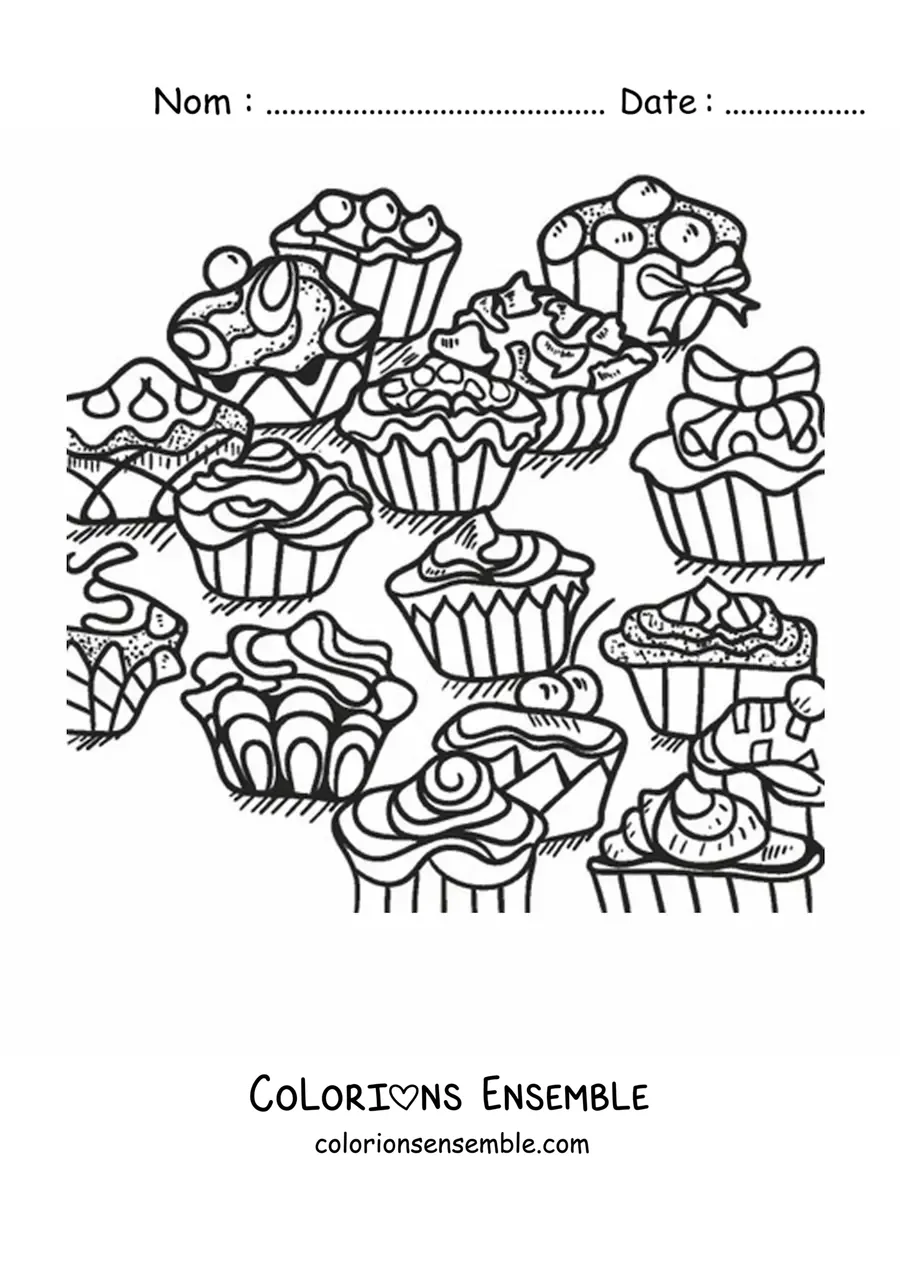 Image à colorier de cupcakes glacés avec des nœuds et des figures géométriques
