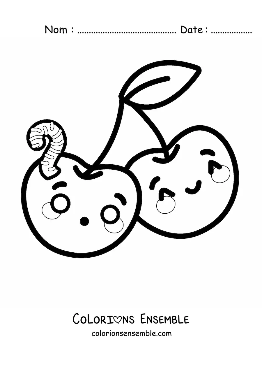 Image à colorier de cerises kawaii avec un ver