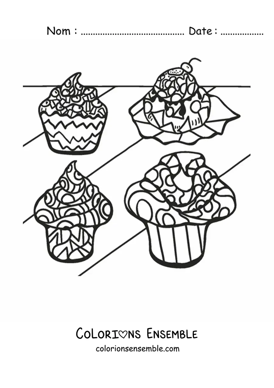 Image à colorier de cupcakes avec des figures géométriques dans le glaçage