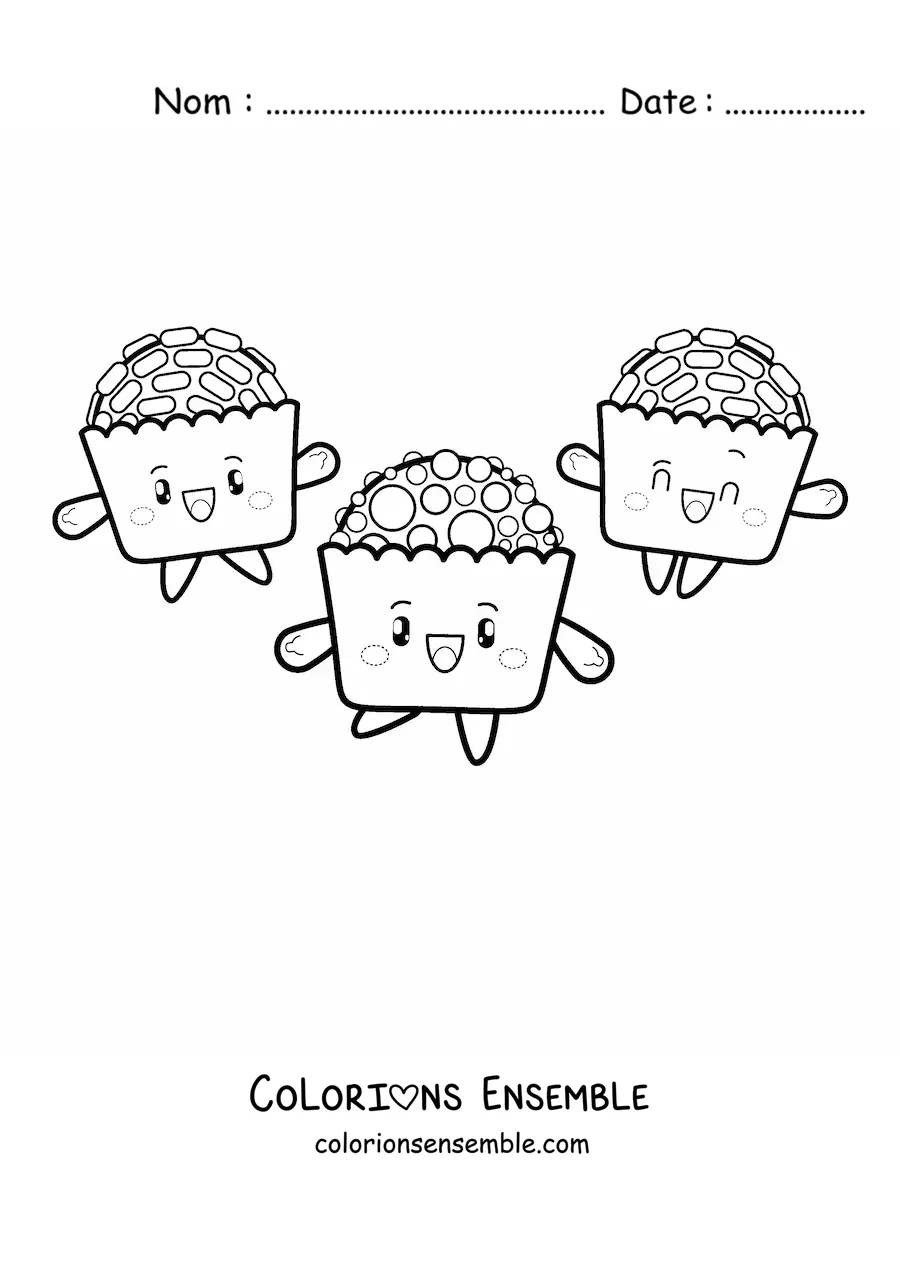 Image à colorier de trois cupcakes kawaii animés