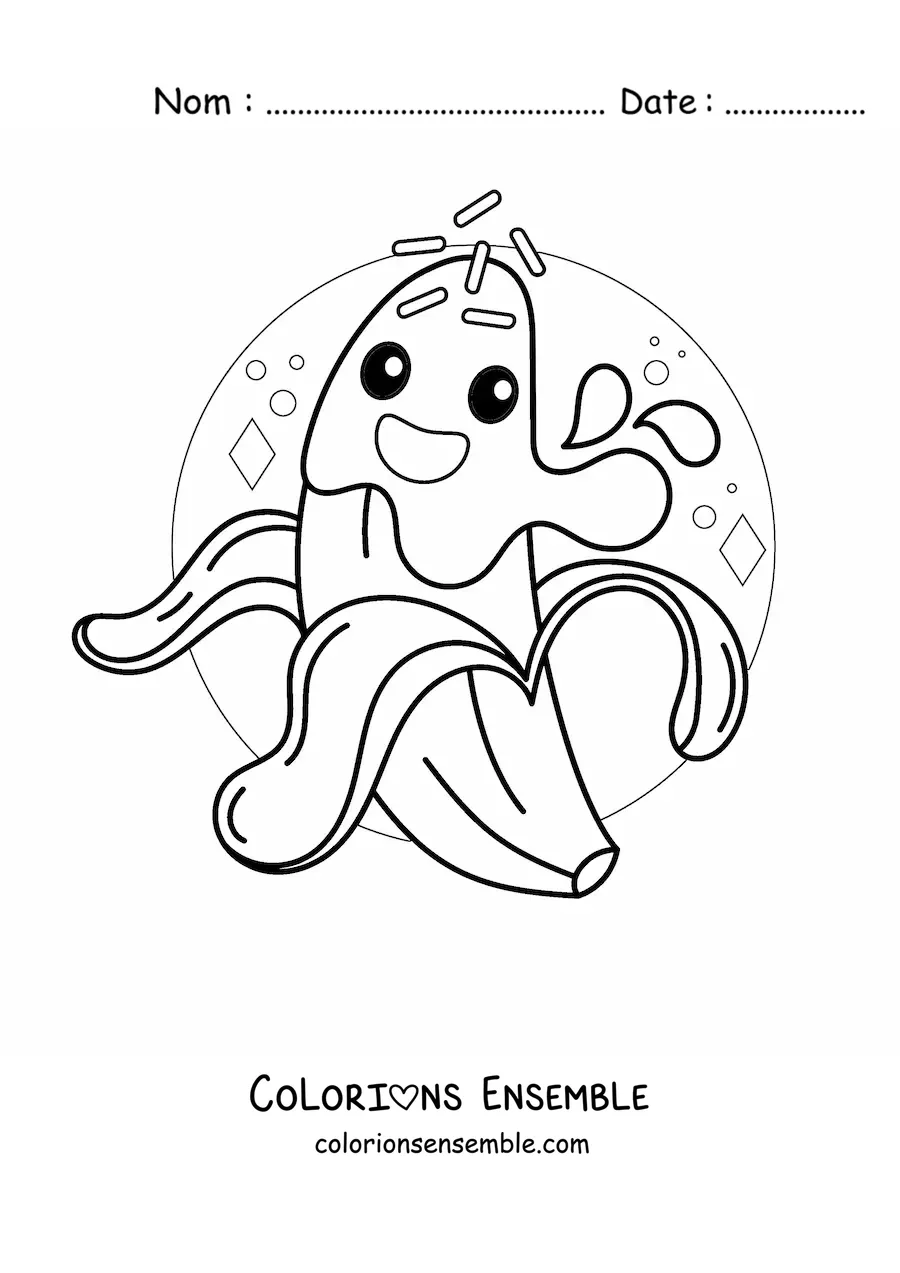 Image à colorier d'une banane animée recouverte de chocolat