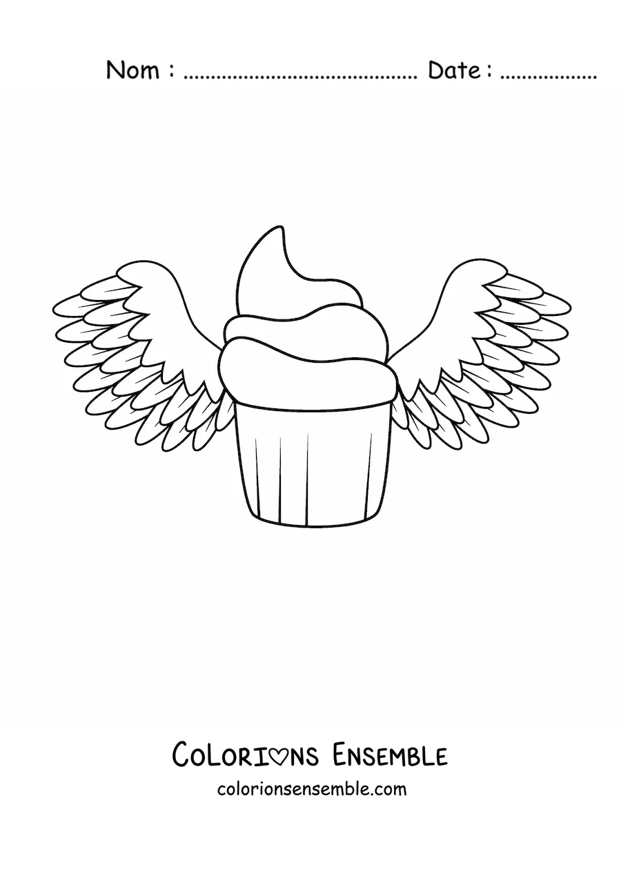 Image à colorier d'un cupcake glacé avec des ailes