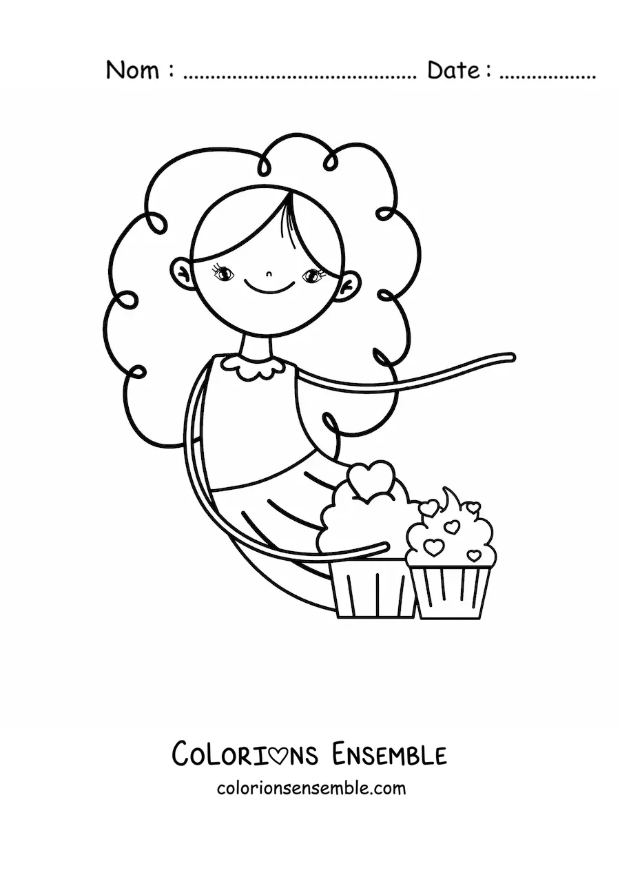 Image à colorier d'une fille avec deux cupcakes glacés ornés de cœurs