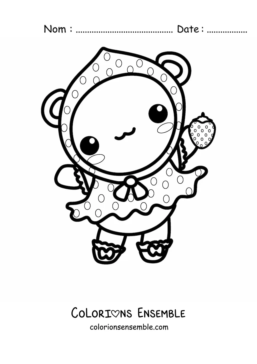 Image à colorier d'une petite ourse kawaii déguisée en fraise