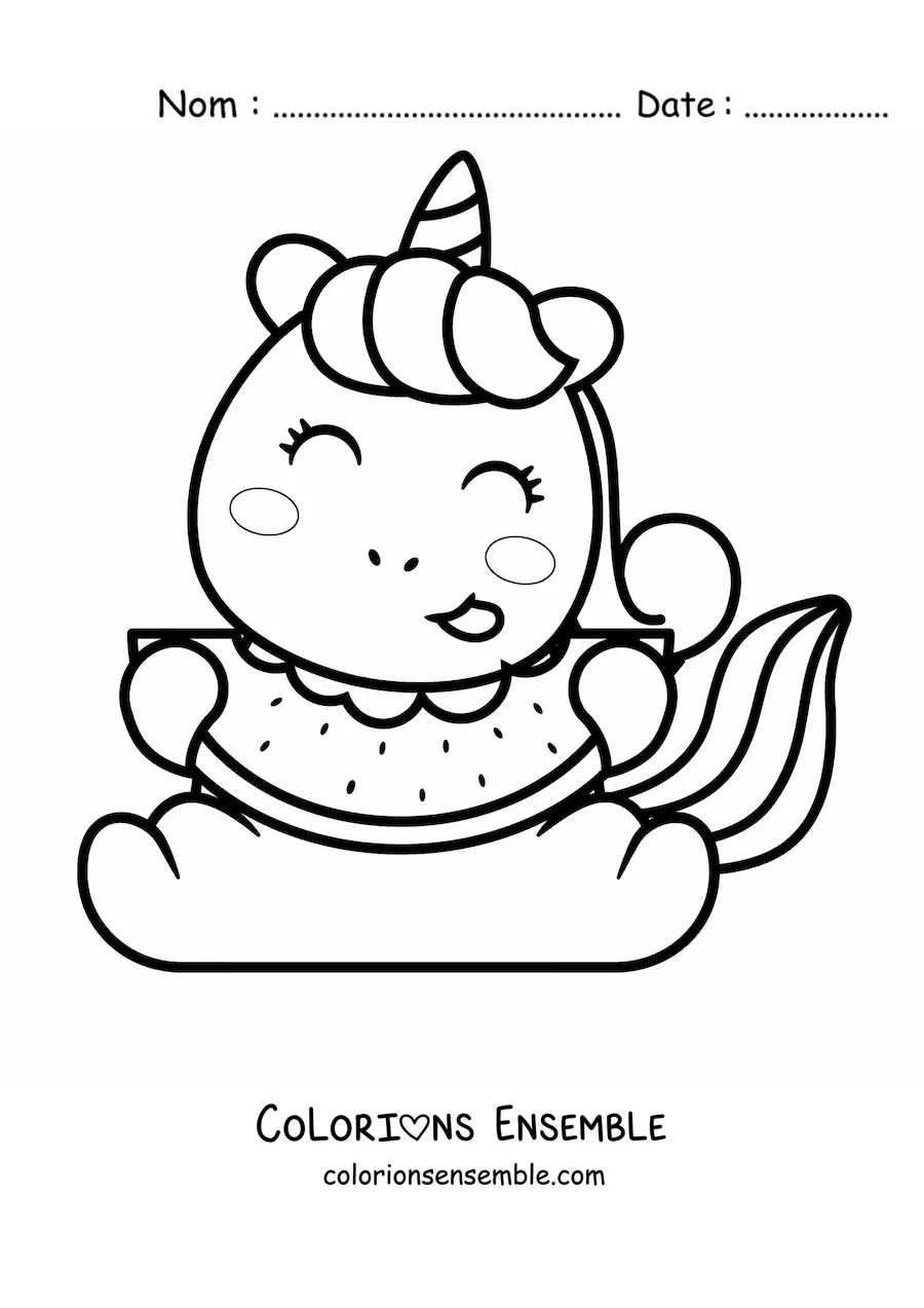 Image à colorier d'une licorne qui mange de la pastèque