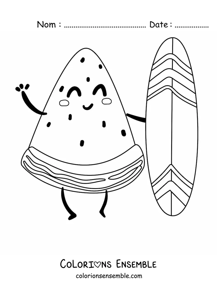 Image à colorier d'une pastèque animée surfeuse