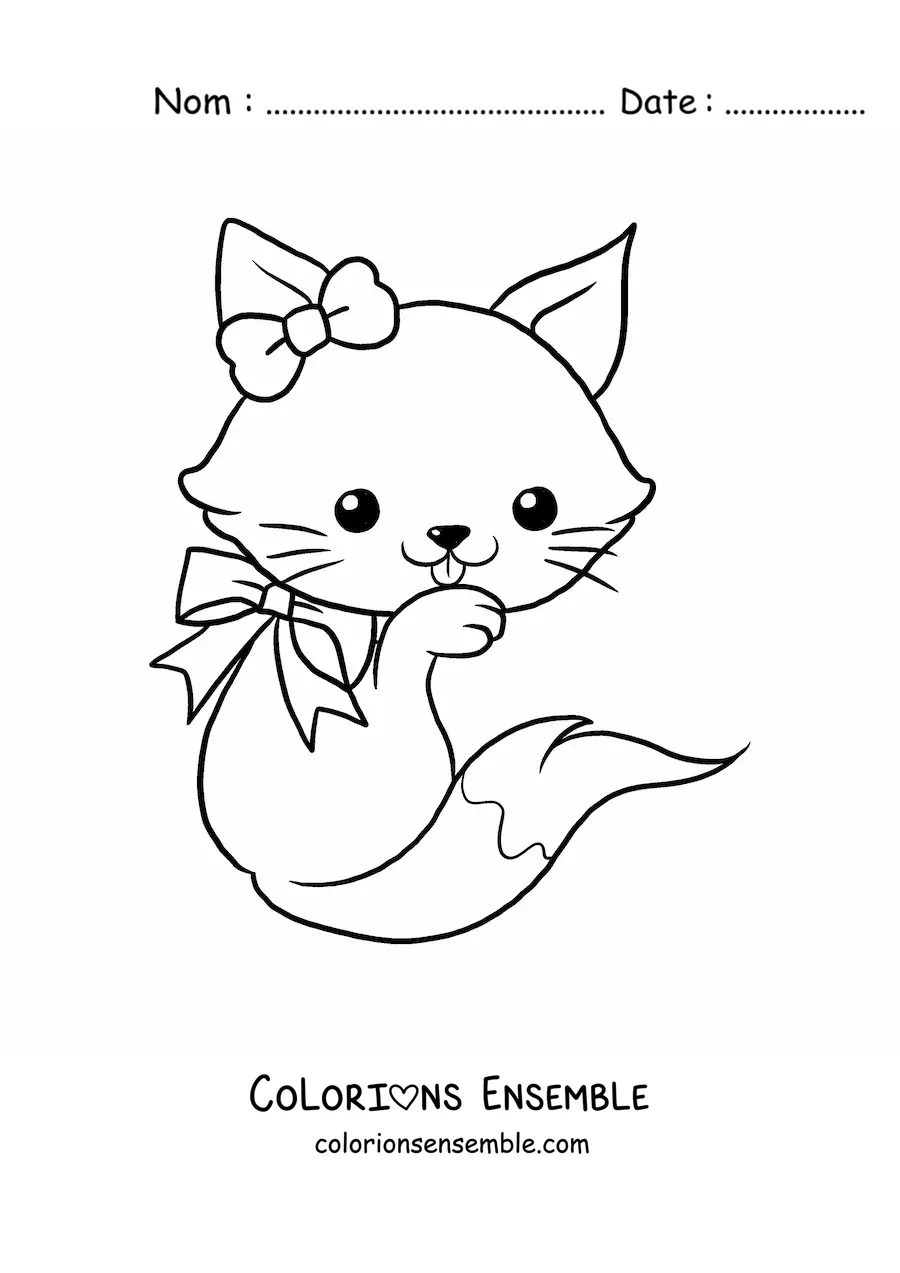 Image à colorier d'un grand renard kawaii avec un nœud