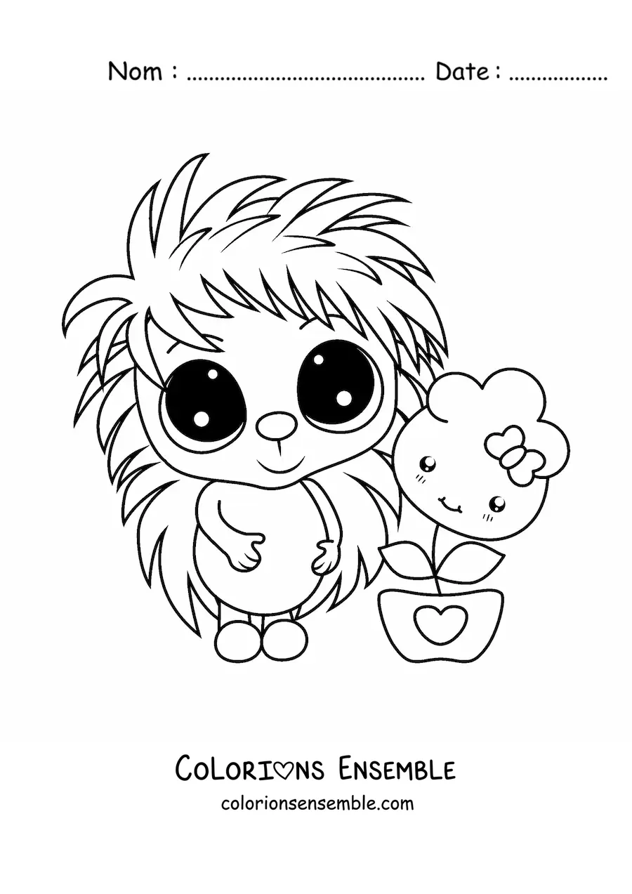 Image à colorier d'un grand porc-épic kawaii avec une fleur