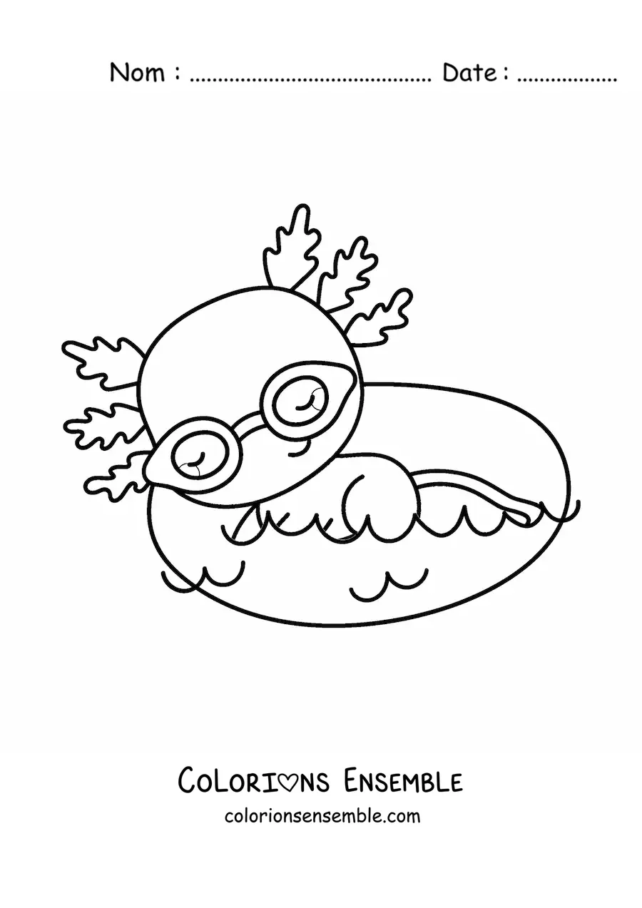 Image à colorier d'un grand axolotl kawaii qui nage