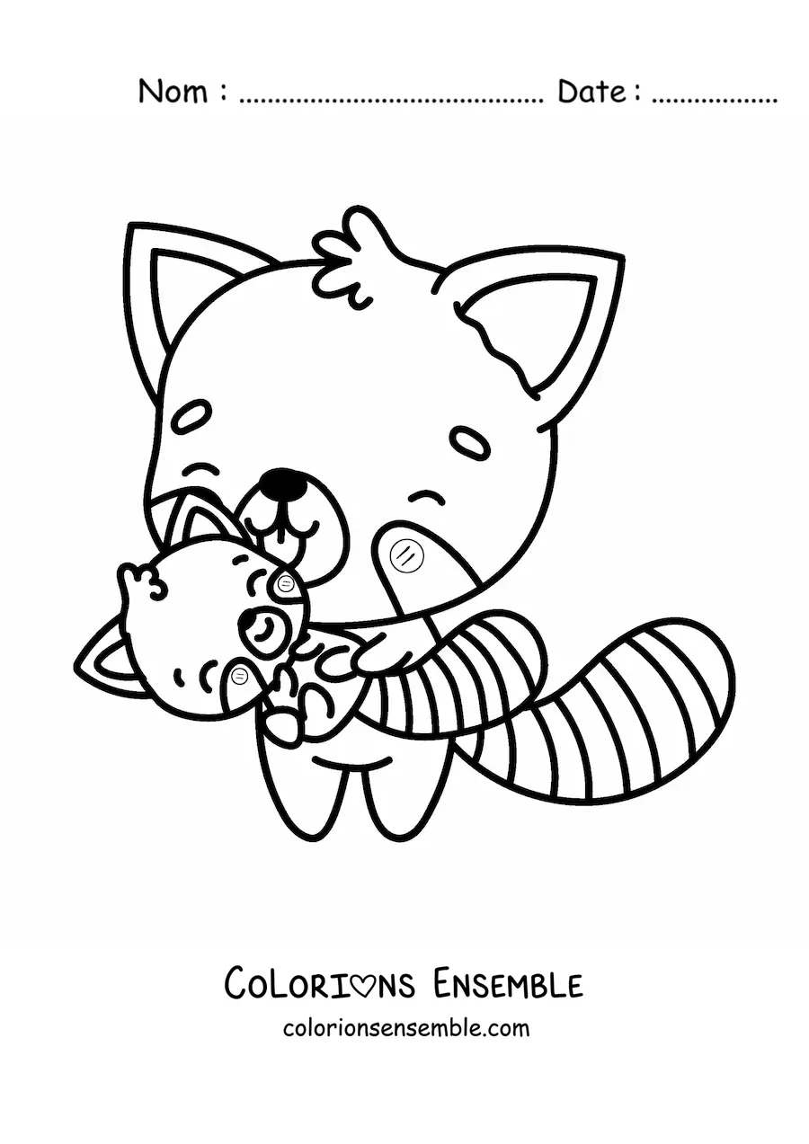 Image à colorier d'un panda roux kawaii avec son bébé