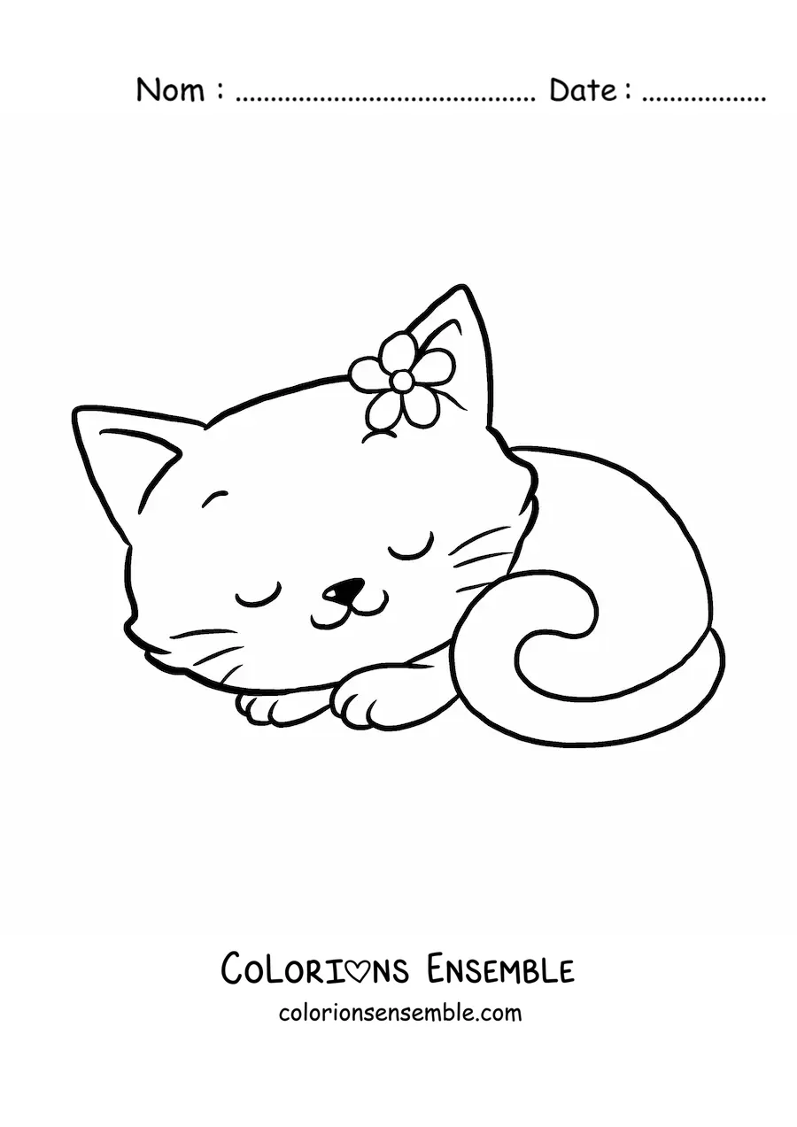 Image à colorier d'une grande chatonne kawaii avec une fleur