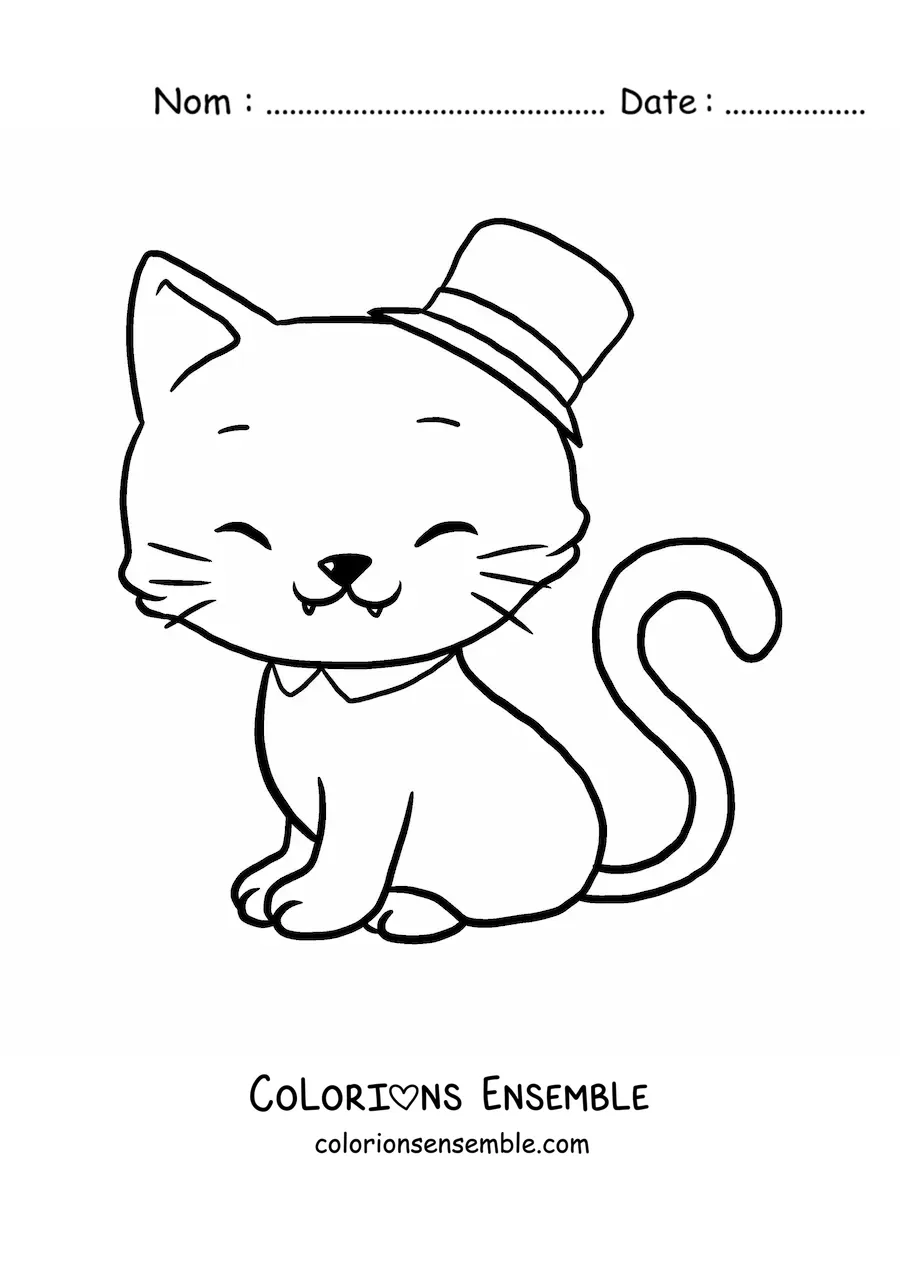 Image à colorier d'un grand chat kawaii avec un chapeau