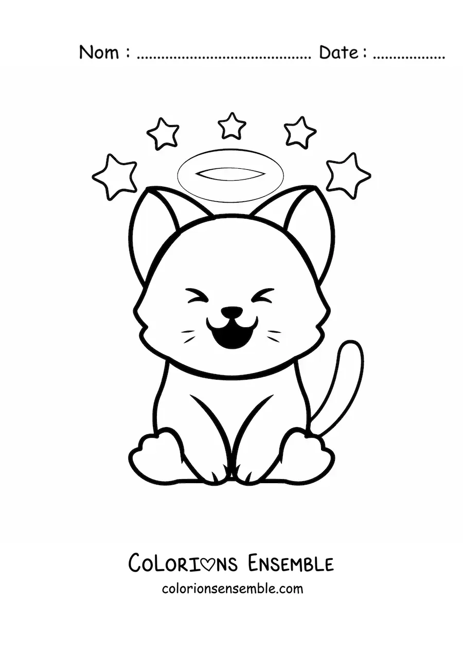 Image à colorier d'un chat kawaii avec une auréole