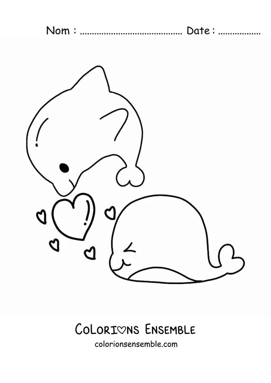Image à colorier de dauphins kawaii amoureux avec des cœurs