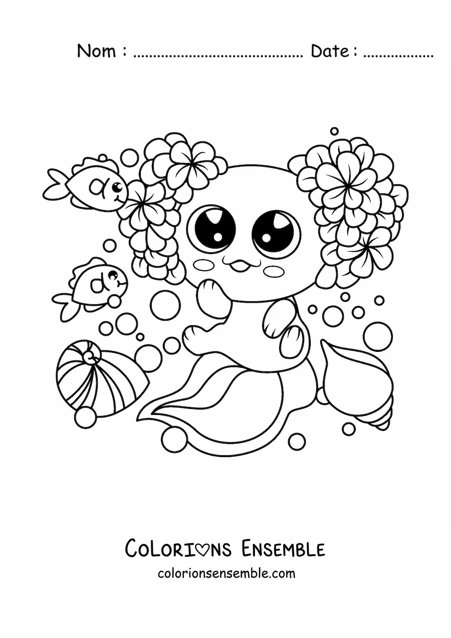 Image à colorier d'un grand axolotl kawaii avec des fleurs