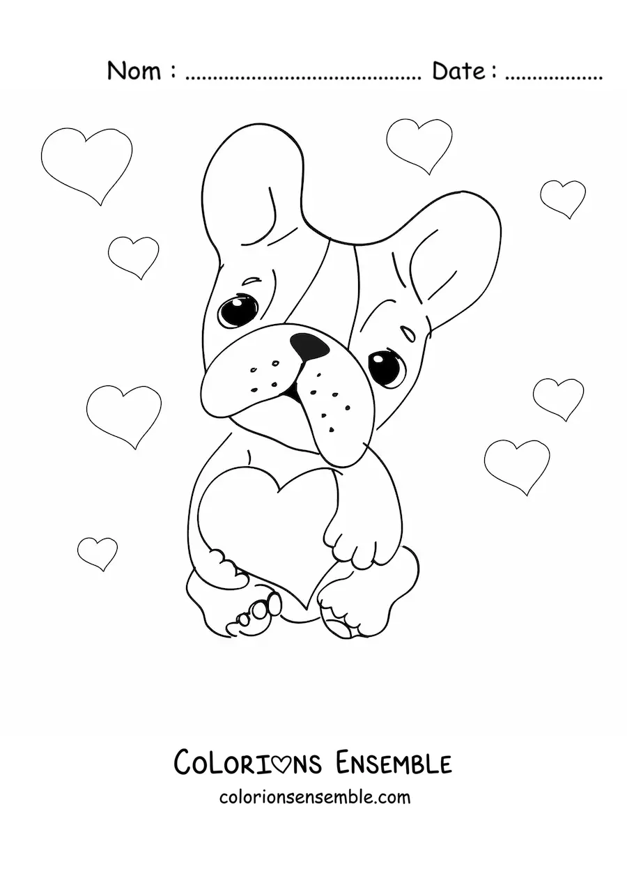 Image à colorier d'un bouledogue français avec des cœurs