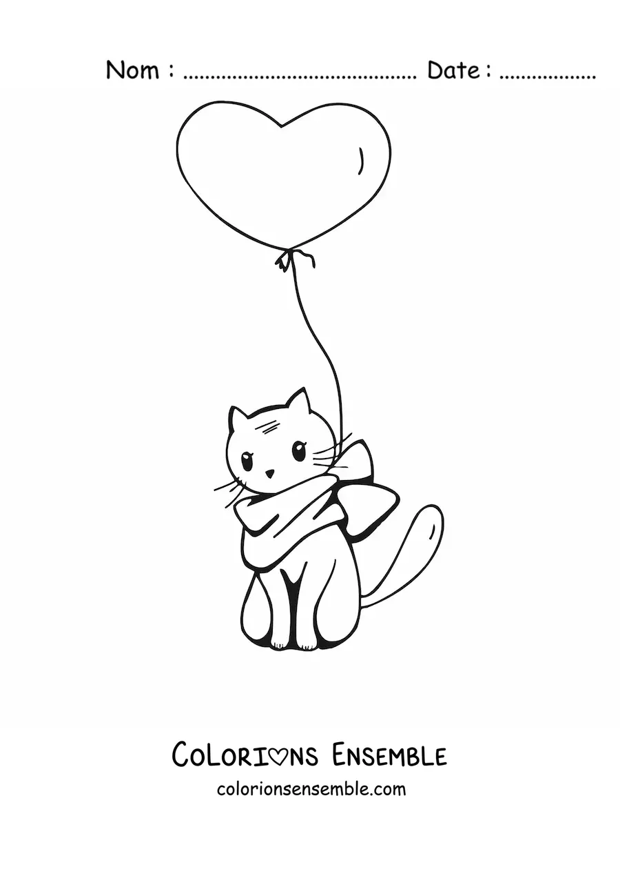 Coloriage d'un chat kawaii avec un cœur