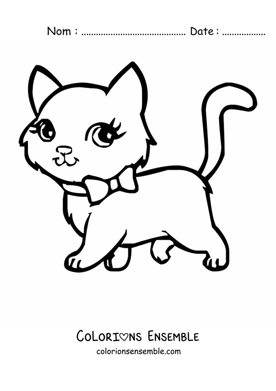 Coloriage d'un chat kawaii avec un nœud