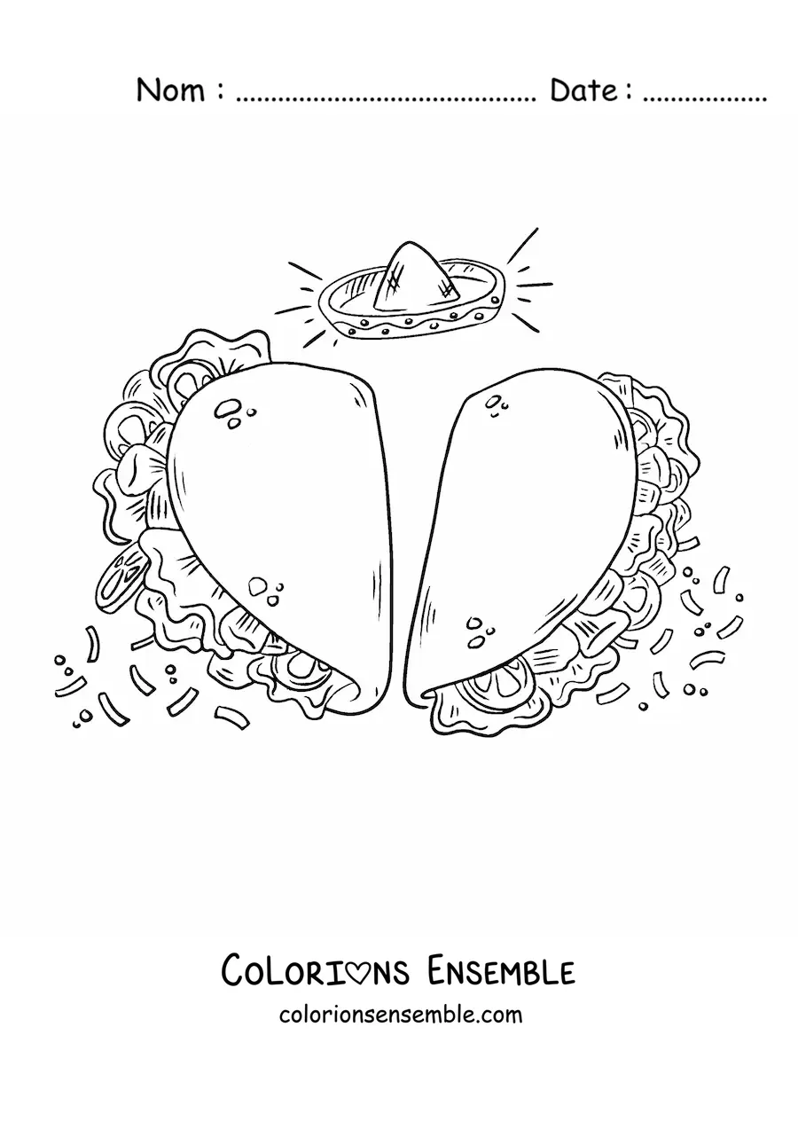 Image à colorier de deux tacos en forme de cœur avec un sombrero mexicain