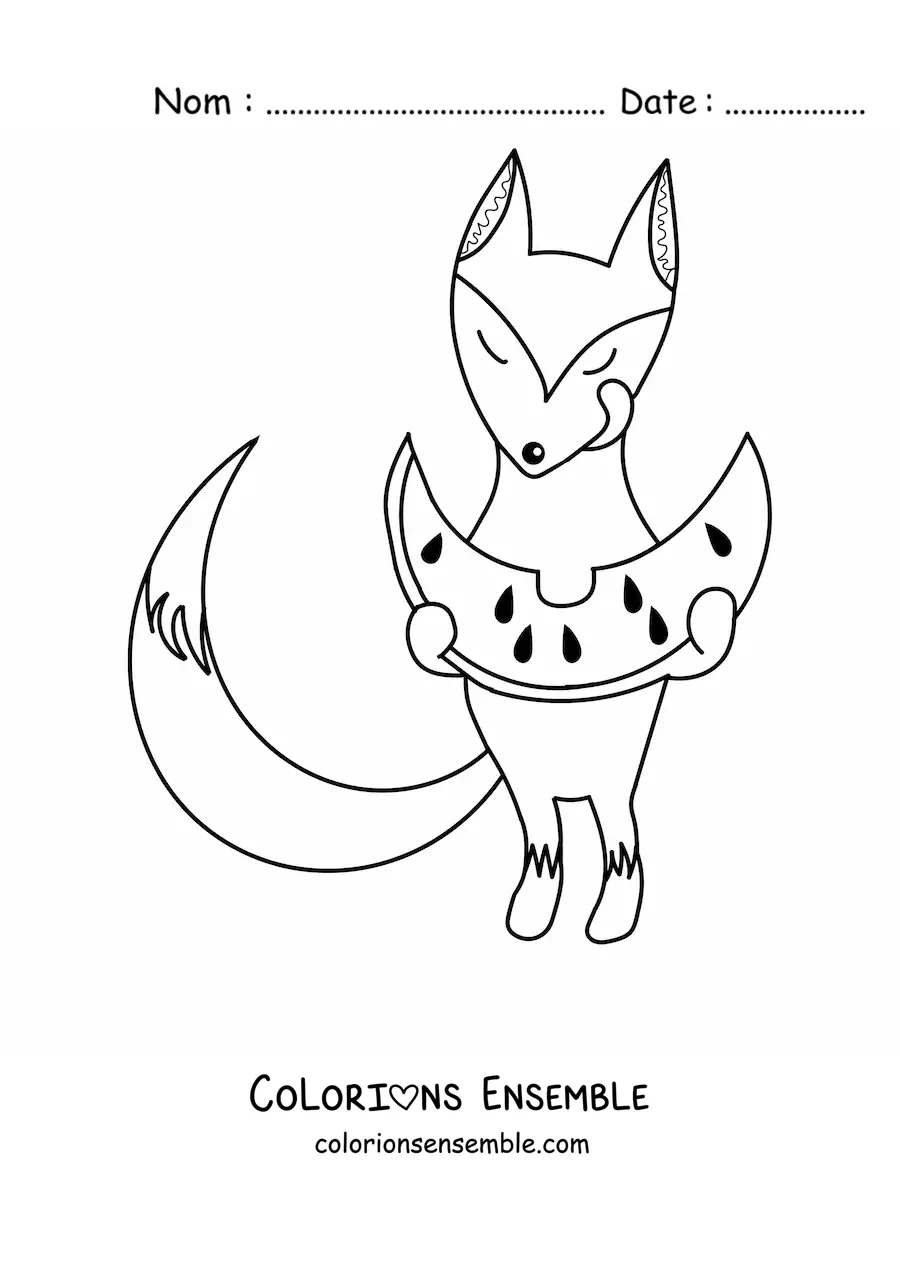 Coloriage d'un renard qui mange de la pastèque