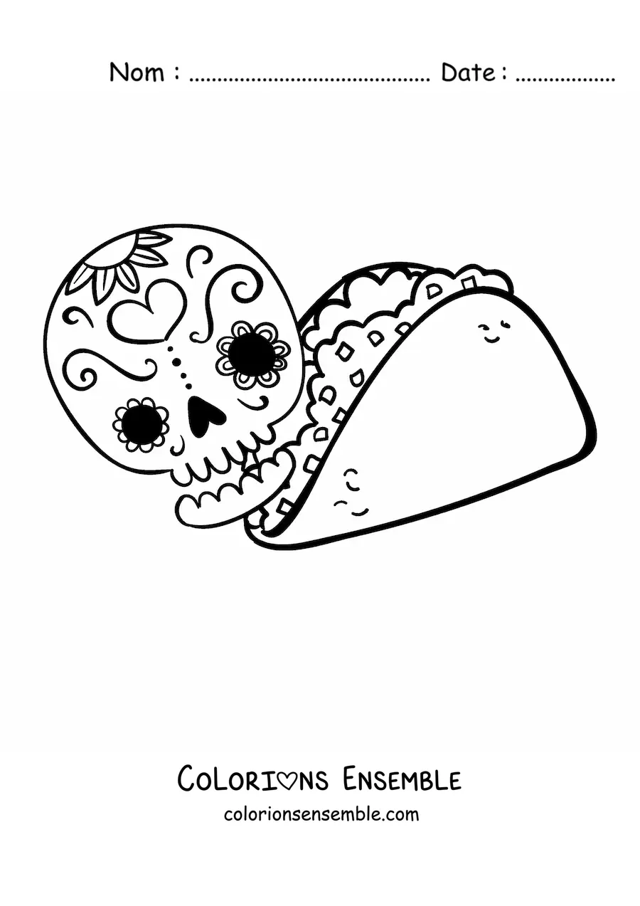 Image à colorier d'un taco avec une catrina mexicaine