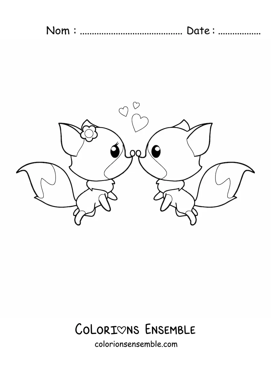 Coloriage d'un couple de renards kawaii