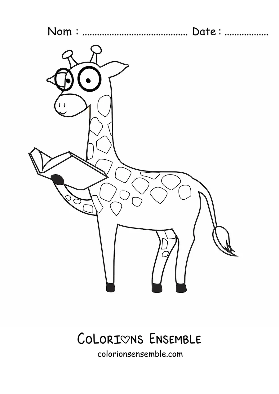 Coloriage d'une girafe qui lit un livre