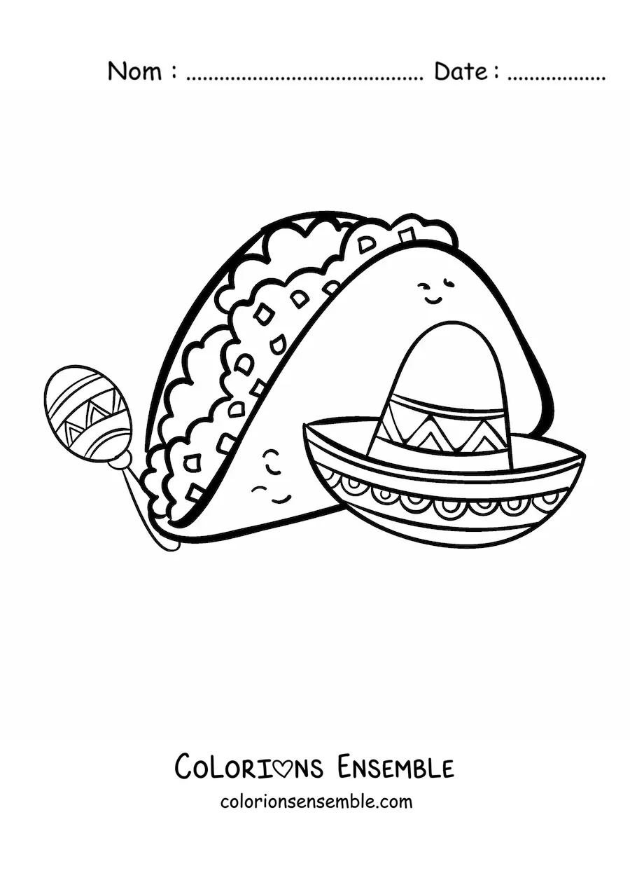 Image à colorier d'un taco avec un sombrero mexicain et une maraca