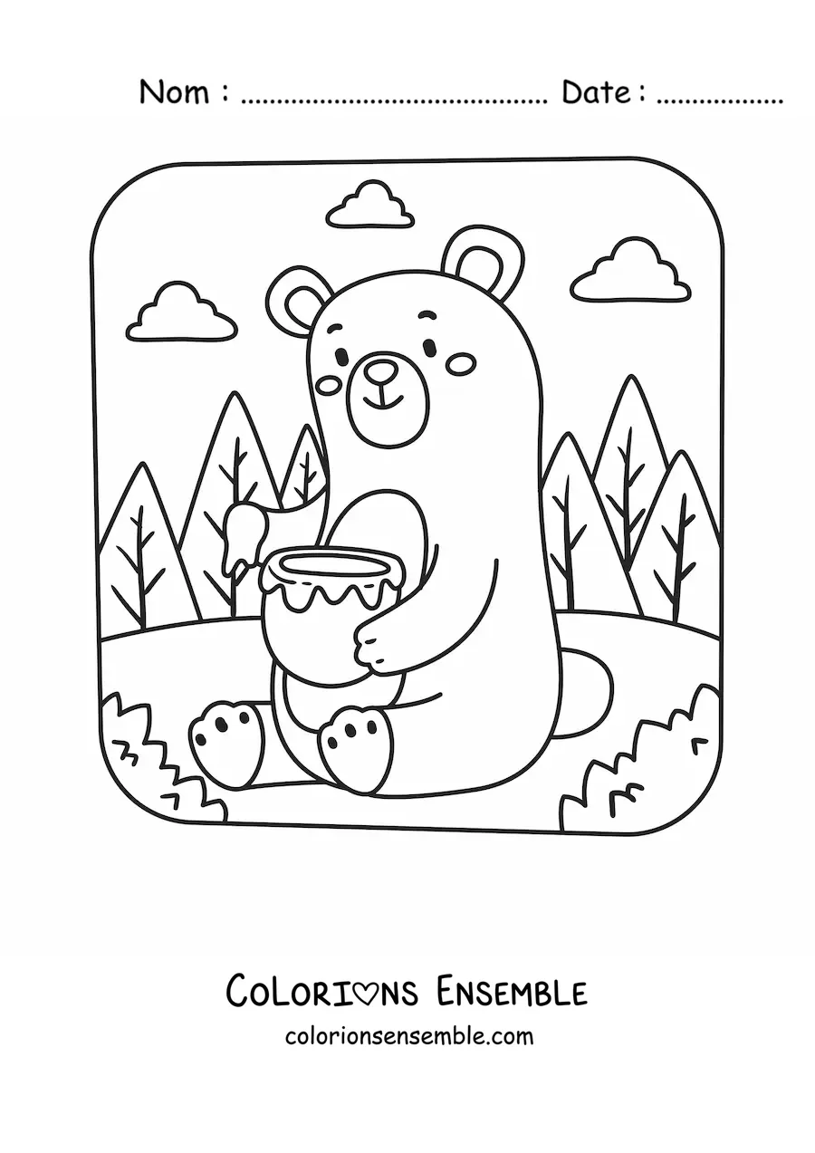 Coloriage d'un ours kawaii qui mange du miel