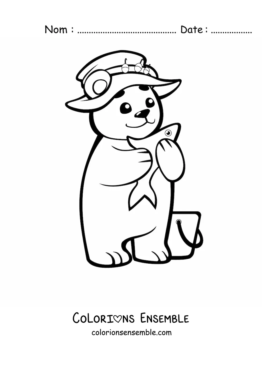 Coloriage d'un bébé ours kawaii qui pêche
