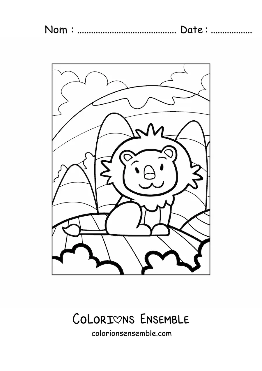 Coloriage d'un lion façon dessin animé assis dans un paysage naturel