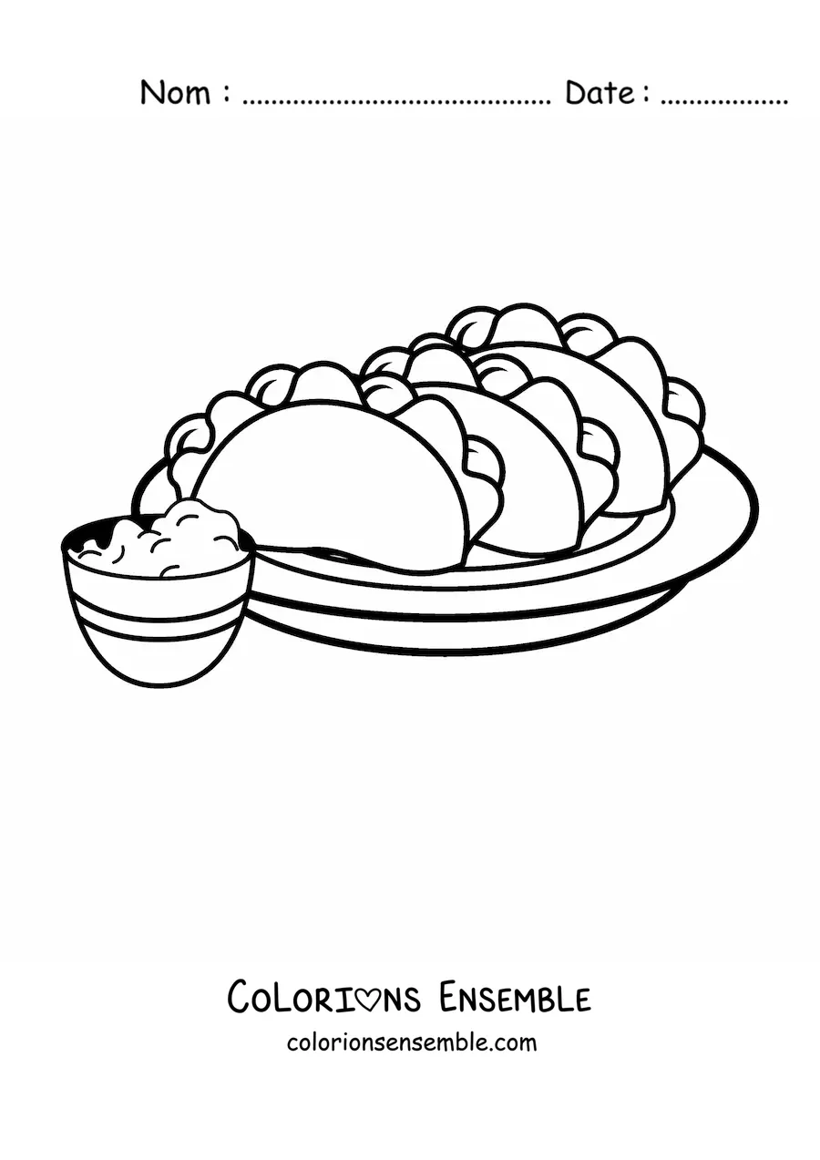 Image à colorier d'une assiette de tacos avec du guacamole