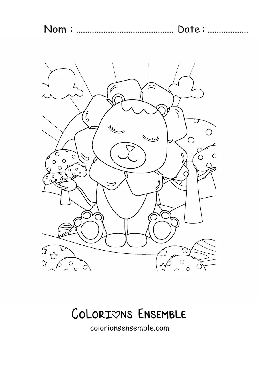 Coloriage d'un joli lion assis dans un paysage naturel