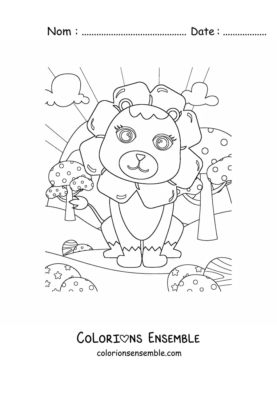 Coloriage d'un lion kawaii assis dans un paysage naturel