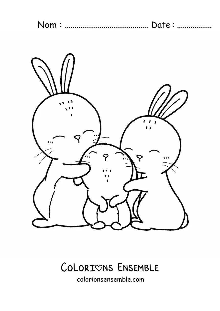 Coloriage d'une famille de lapins qui se câlinent