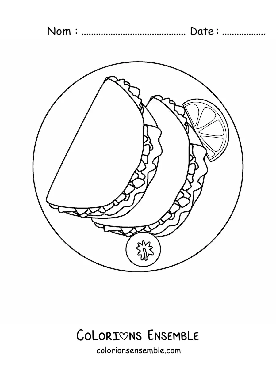Image à colorier d'une assiette de tacos avec une tomate et un quartier de citron