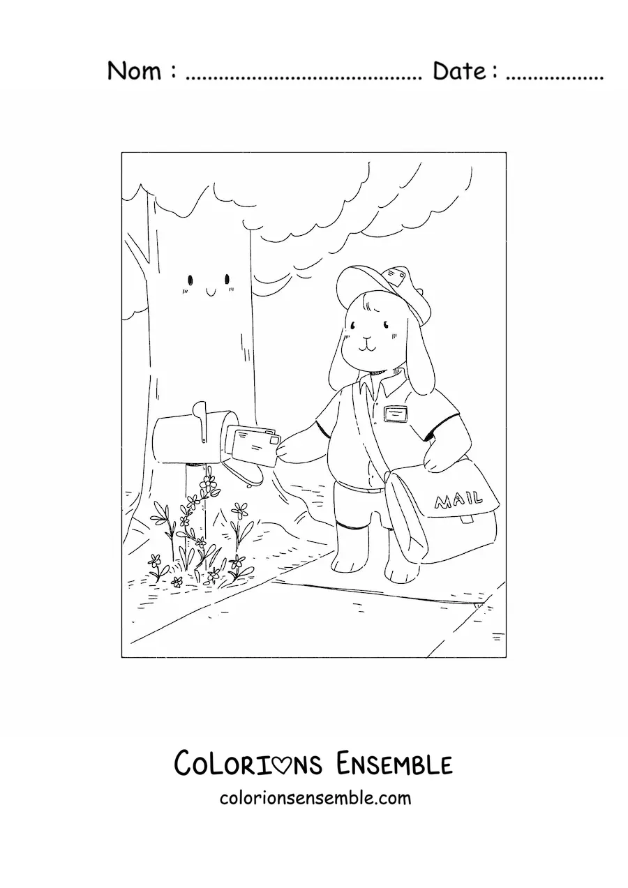 Coloriage d'un lapin façon dessin animé qui travaille comme facteur