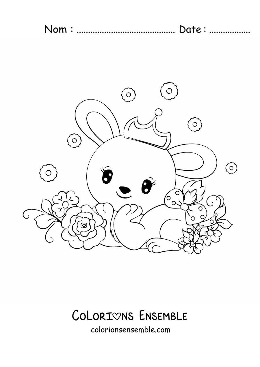 Coloriage d'un lapin kawaii avec une couronne et des fleurs