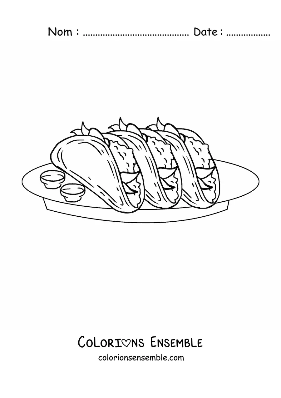 Image à colorier d'une assiette de tacos avec des sauces