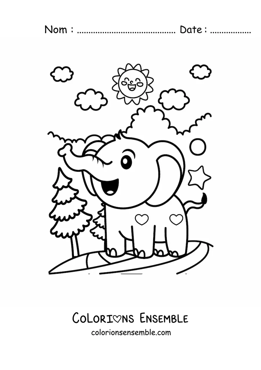 Coloriage d'un bébé éléphant kawaii dans la jungle