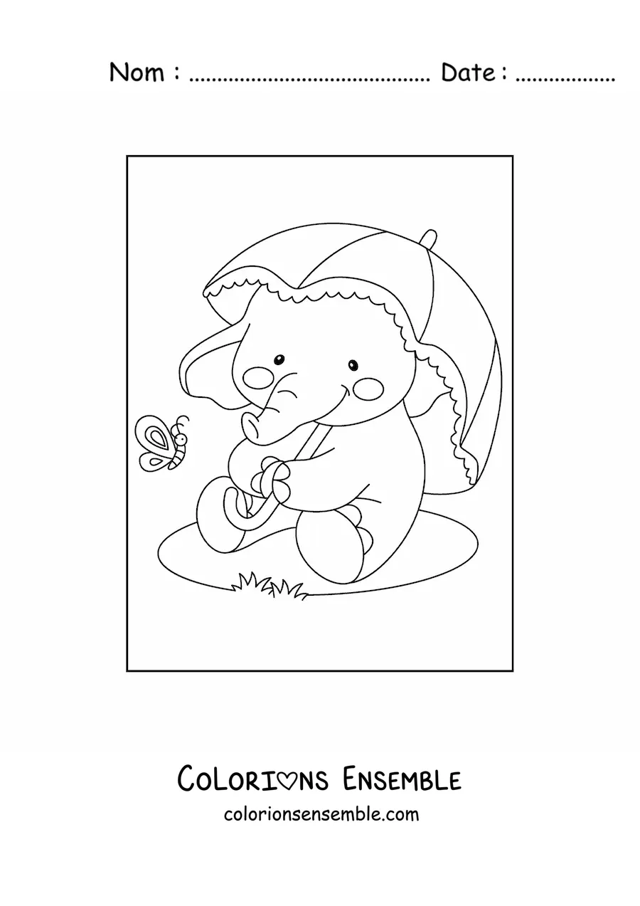 Coloriage d'un bébé éléphant kawaii assis avec un papillon