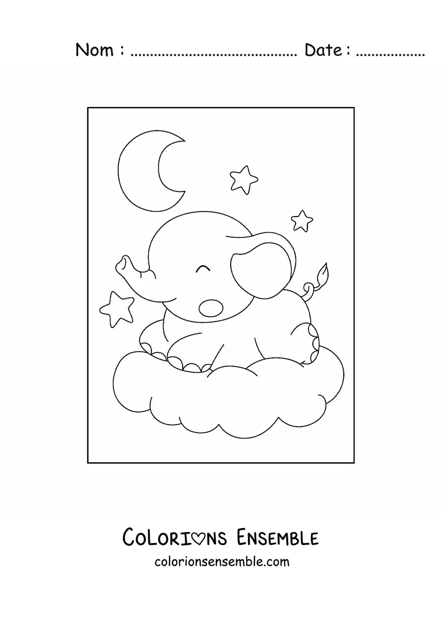 Coloriage d'un bébé éléphant kawaii qui dort