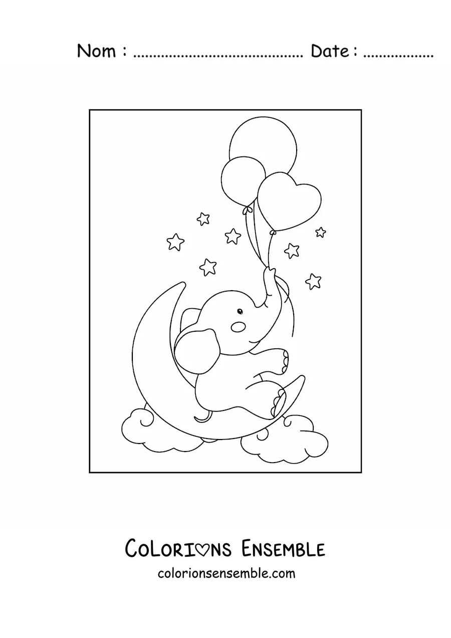 Coloriage d'un bébé éléphant kawaii avec des ballons en forme de cœur