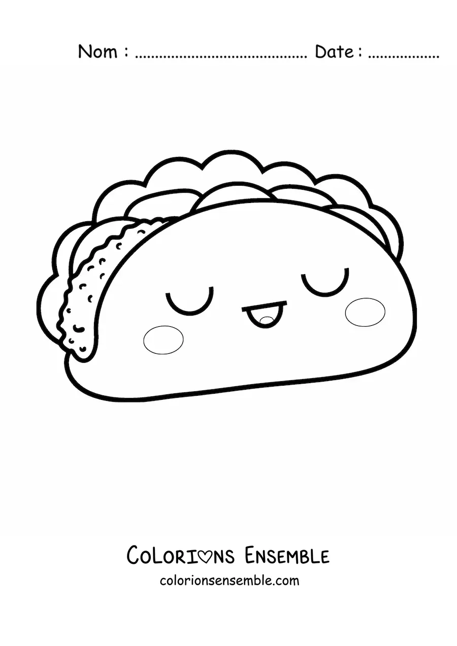 Image à colorier d'un taco kawaii avec les yeux fermés
