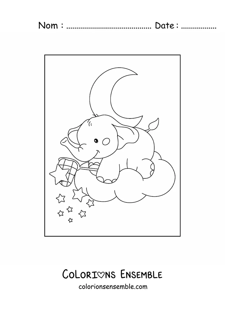 Coloriage d'un bébé éléphant kawaii qui attrape des étoiles